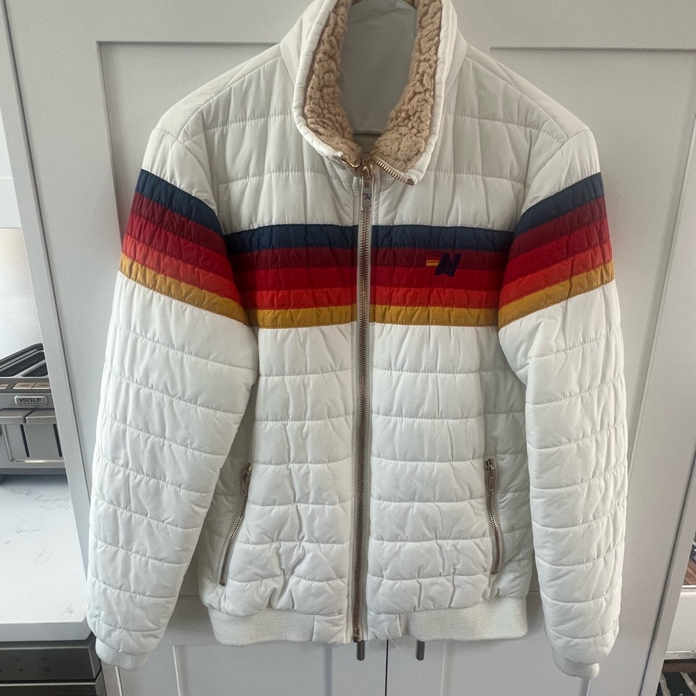 Women’s Aviator Nation White Quilted Jacket with Multicolor Stripes